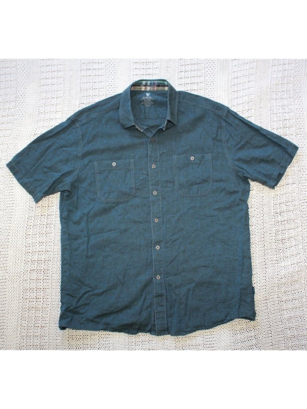 KUHL Men's Scorpio Blue Shirt button front Short Sleeve size XL Linen Blend
